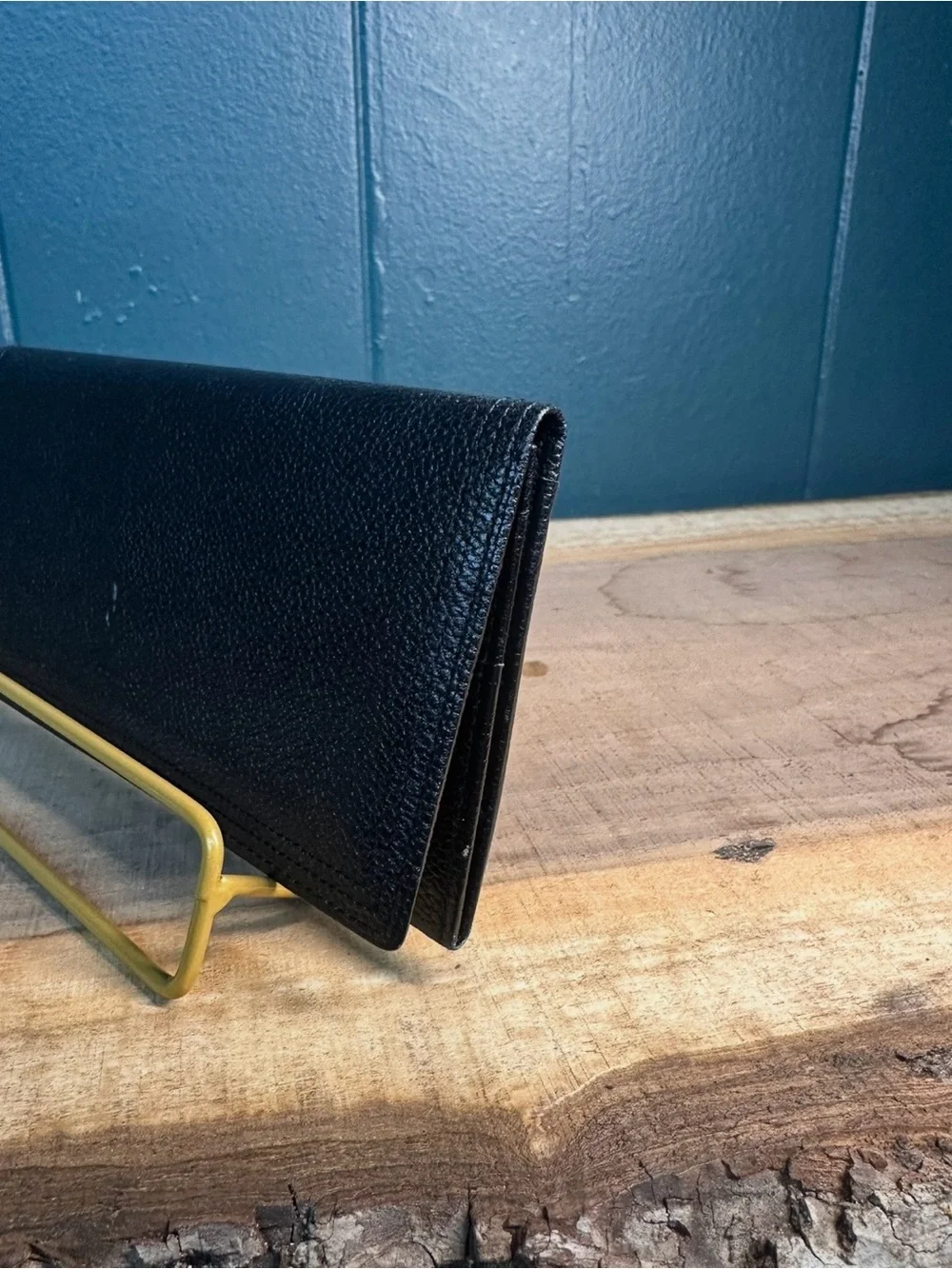 YSL Saint Laurent Monogram Black Leather Wallet Textured Grain Gold Logo Bifold